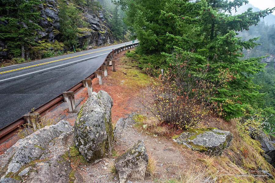 Winding Mountain Highway Photograph - Wet Rocks Beside SR 20 by Tom Cochran