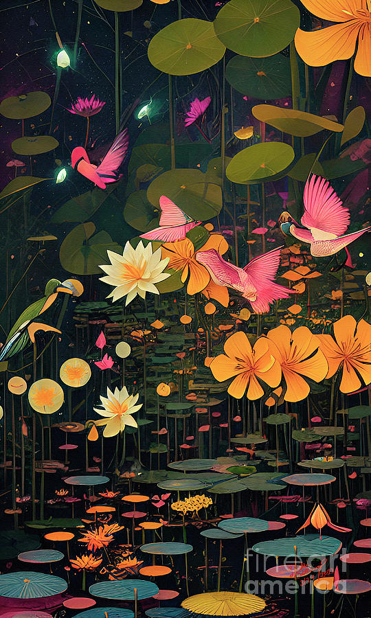 Wetland Magic Fireflies Swamp Abstraction Contemporary Digital Creation Digital Art by Ginette Callaway