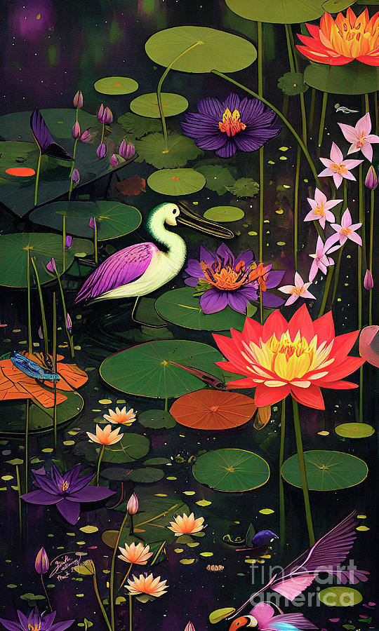 Wetland Magic Lily Pads Birds and Flowers Digital Art by Ginette Callaway