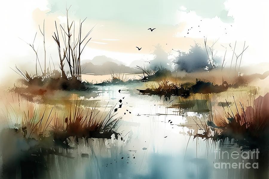 Nature Painting - Wetlands, watercolour style  by N Akkash