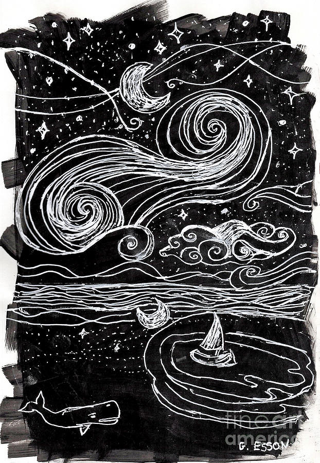 Nature Drawing - Whale At Night With Sailboat and Crecent Moon by Genevieve Esson