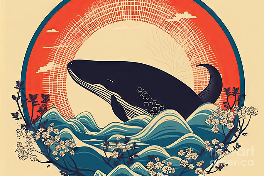 Abstract Painting - Whale Illustration Design With Retro Japanese Style Background by N Akkash