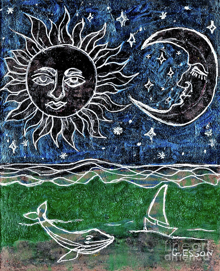 Nature Mixed Media - Whale With Moon and Sun  by Genevieve Esson