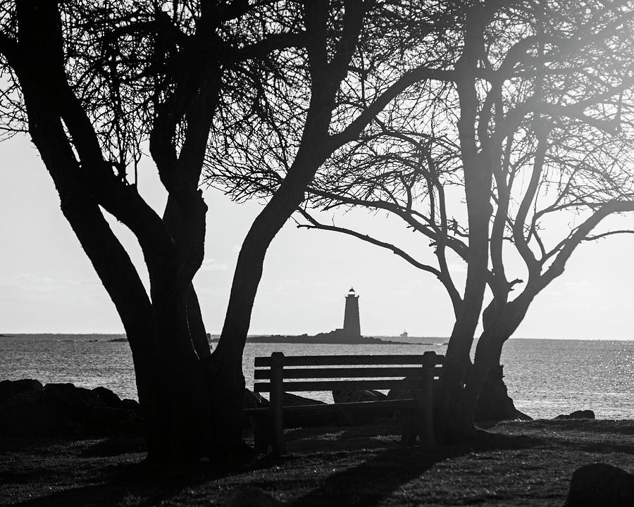 Whaleback Light Golden Sunrise Kittery ME from Portsmouth NH Bench Black and White Photograph by Toby McGuire
