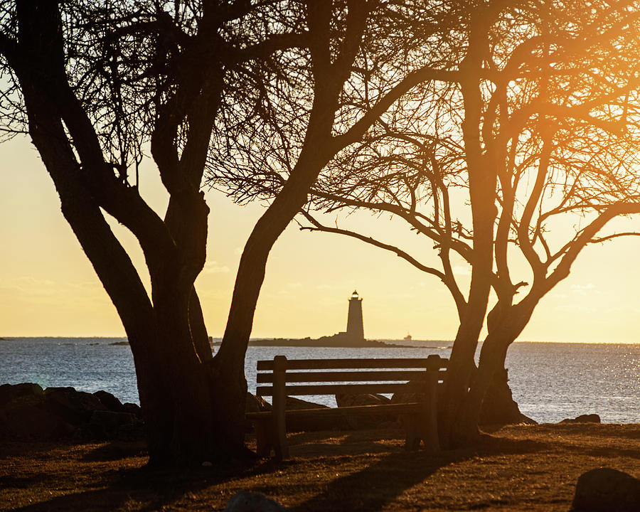 Whaleback Light Golden Sunrise Kittery ME from Portsmouth NH Bench Photograph by Toby McGuire