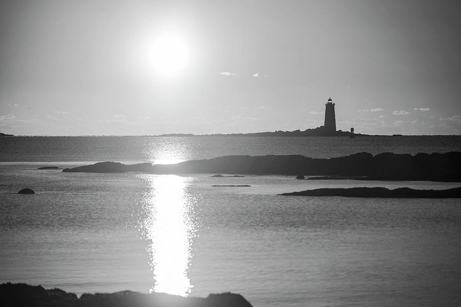 Whaleback Light Golden Sunrise Kittery ME from Portsmouth NH Black and White Photograph by Toby McGuire