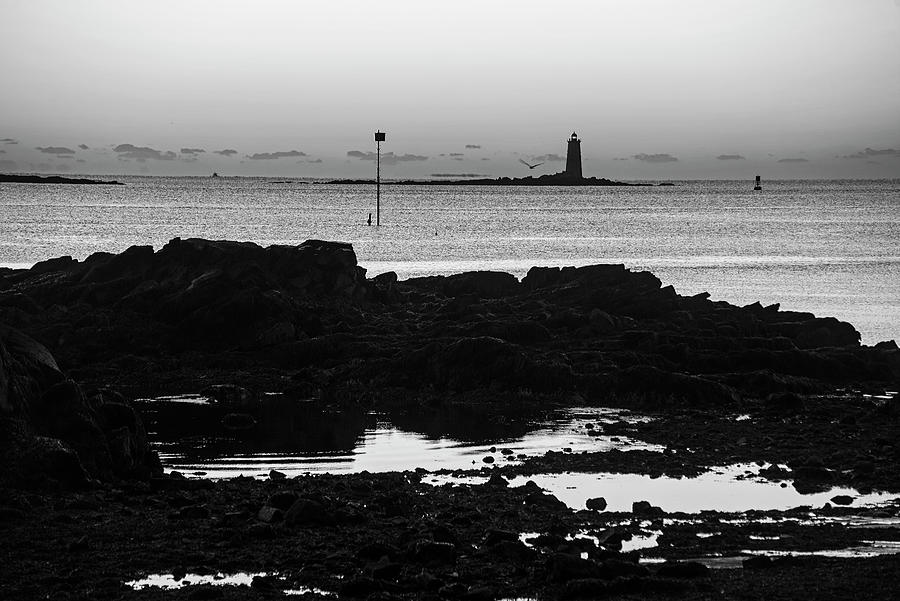Whaleback Light Sunrise Kittery ME from Portsmouth NH Black and White Photograph by Toby McGuire