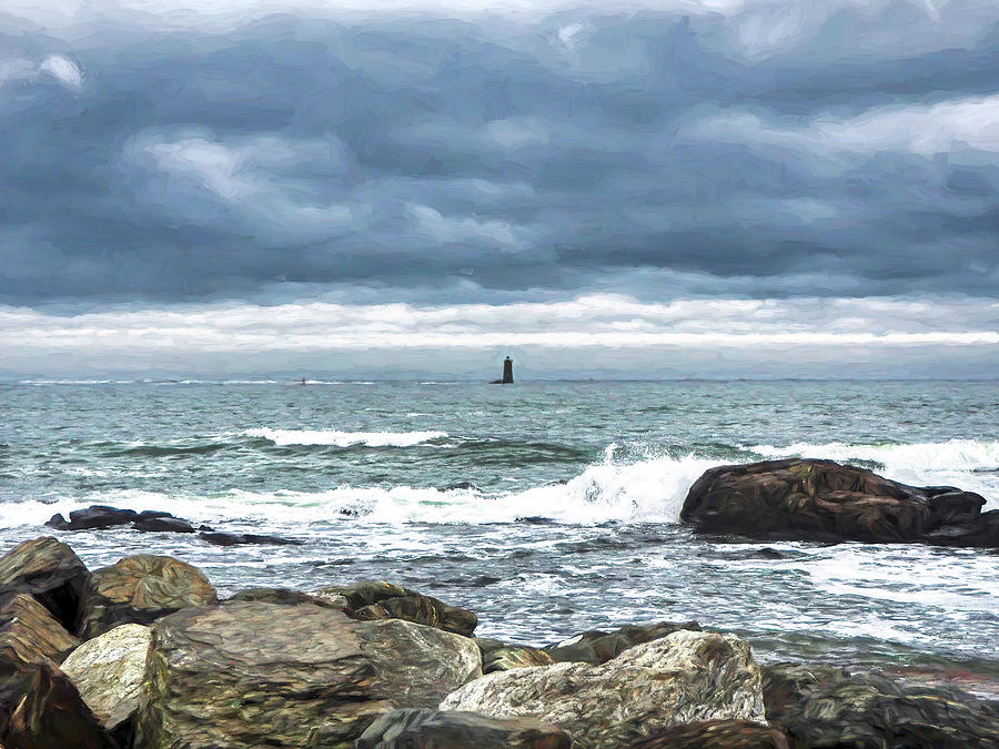 Whaleback Lighthouse Overcast Skies and Waves Digital Art by Deb Bryce