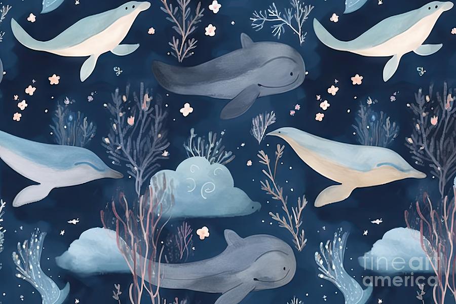 Fish Painting - Whales and stars. Seamless pattern. watercolor illustration by N Akkash