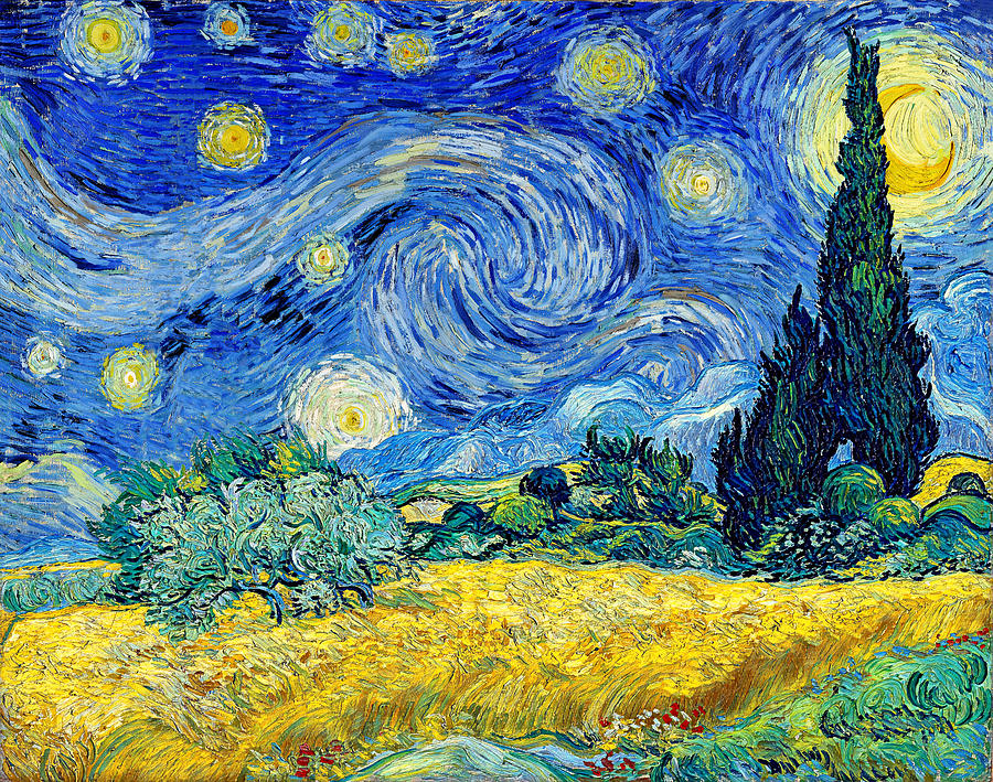 Wheat Field with Cypresses under a Starry Night - cool colors digital recreation Digital Art by Nicko Prints