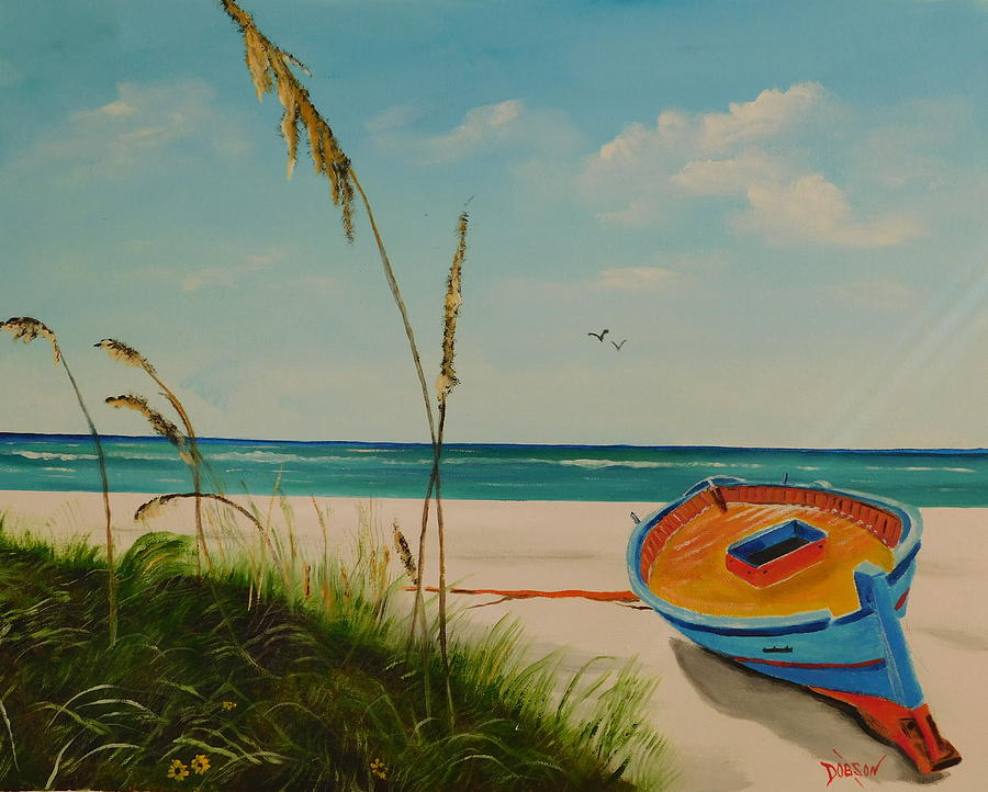 Beach Painting - Wheat Grass On The Beach And An Abandon Boat by Lloyd Dobson