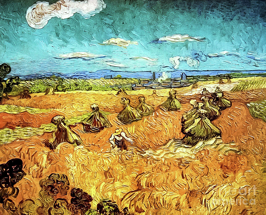 Wheat Stacks With Reaper by Vincent Van Gogh 1888 Painting by Vincent Van Gogh