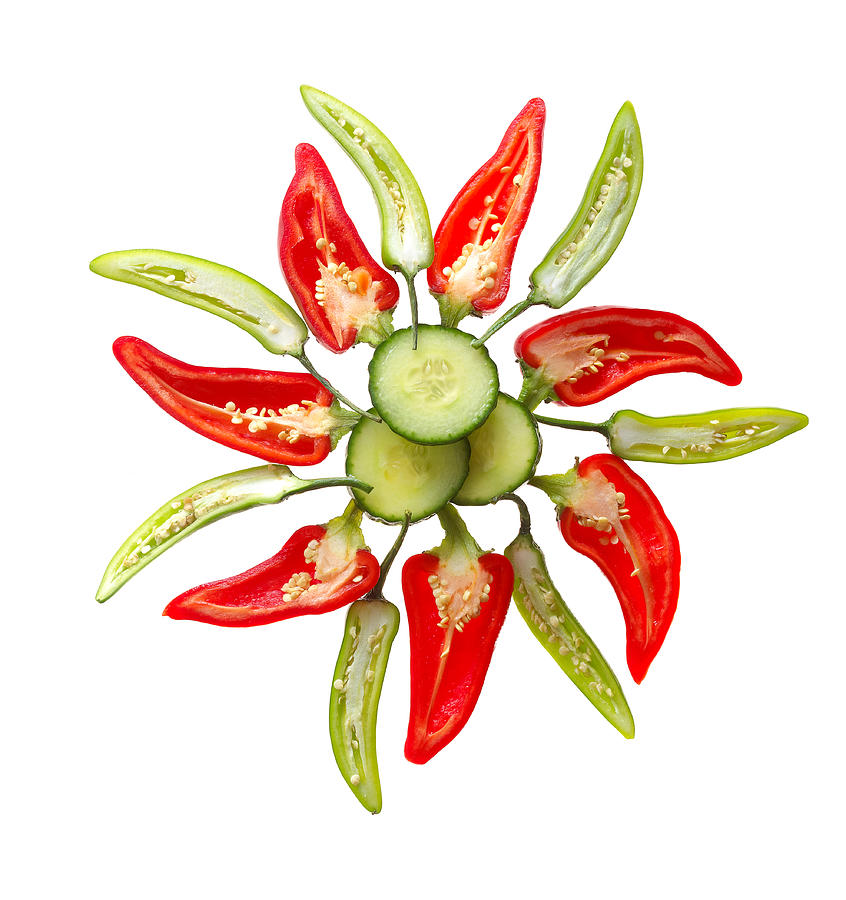 Wheel of Cucumber, Red Peppers and Green Peppers Photograph by Annabelle Breakey