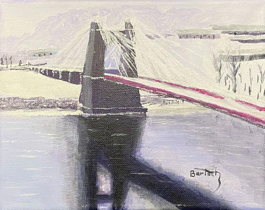 Wheeling WV Suspension Bridge After Snowfall  Painting by David Bartsch
