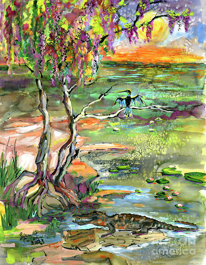 Alligator Painting - Where Alligators Dream Wetland Sunrise by Ginette Callaway