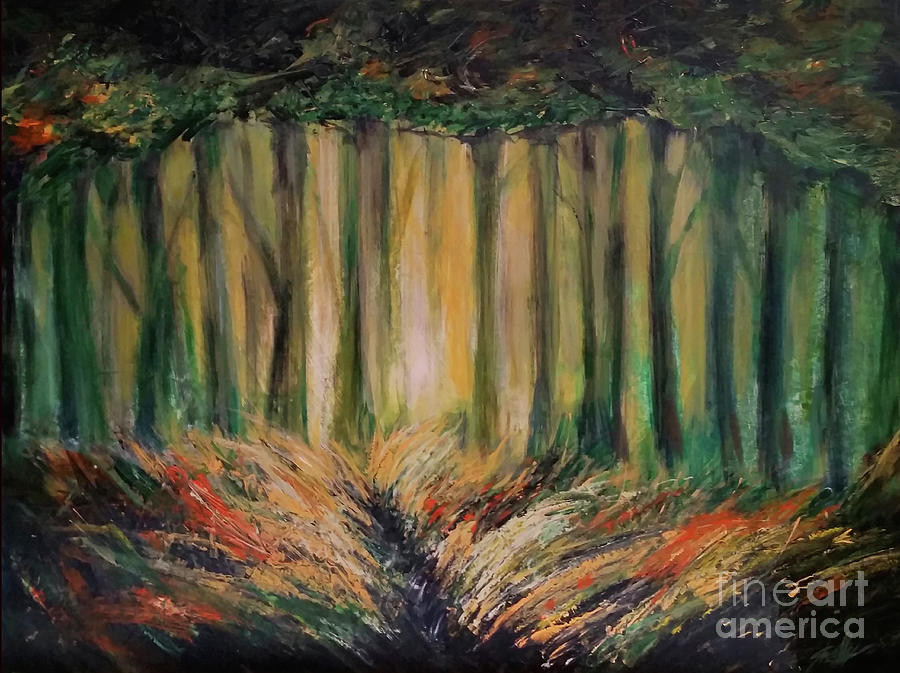 Dark Landscape Painting - Where the Deer Lay by Shelly Leitheiser