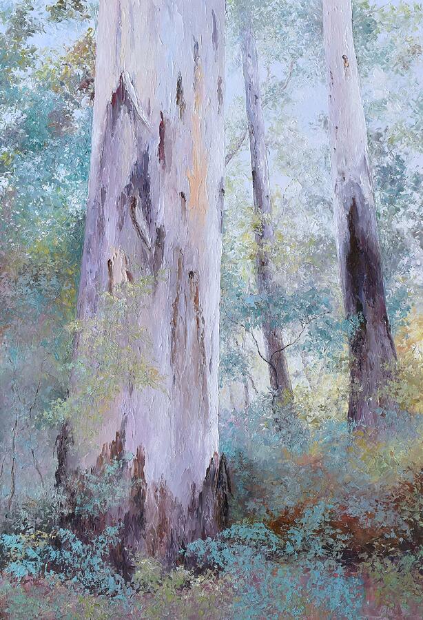 Where the gum trees stand tall, Australian bush scene Painting by Jan Matson