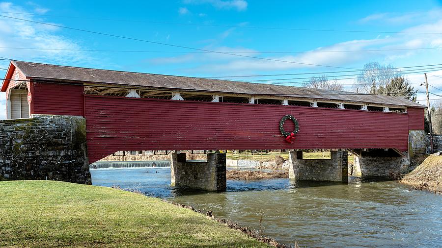 Wehrs Covered Bridge Holiday Wreath Daytime Photograph by Jason Fink