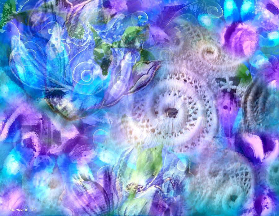 Whimsical Abstract Floral Lace Teal Blue Purple Ivory Digital Art by Monica Resinger
