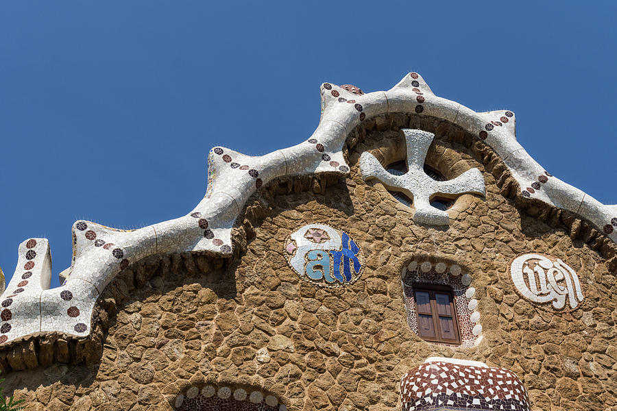 Whimsical Antoni Gaudi - Entrance Sign on Porters Lodge in Park Guell Barcelona Photograph by Georgia Mizuleva
