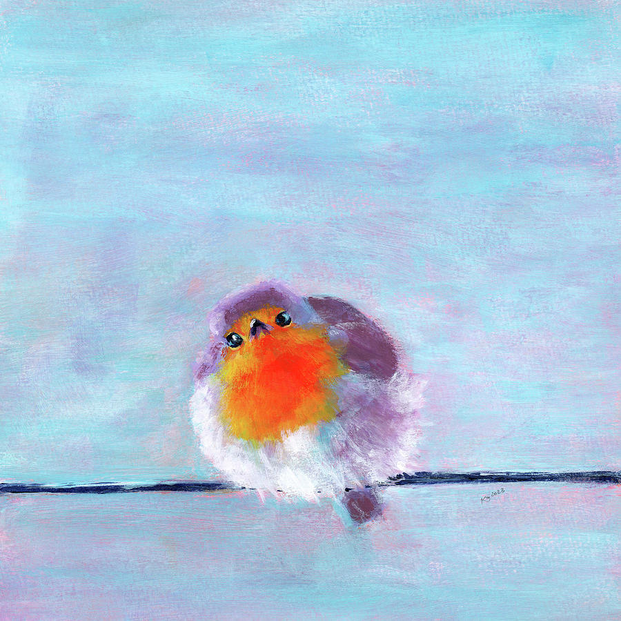 Whimsical bird on a wire Painting by Karen Kaspar