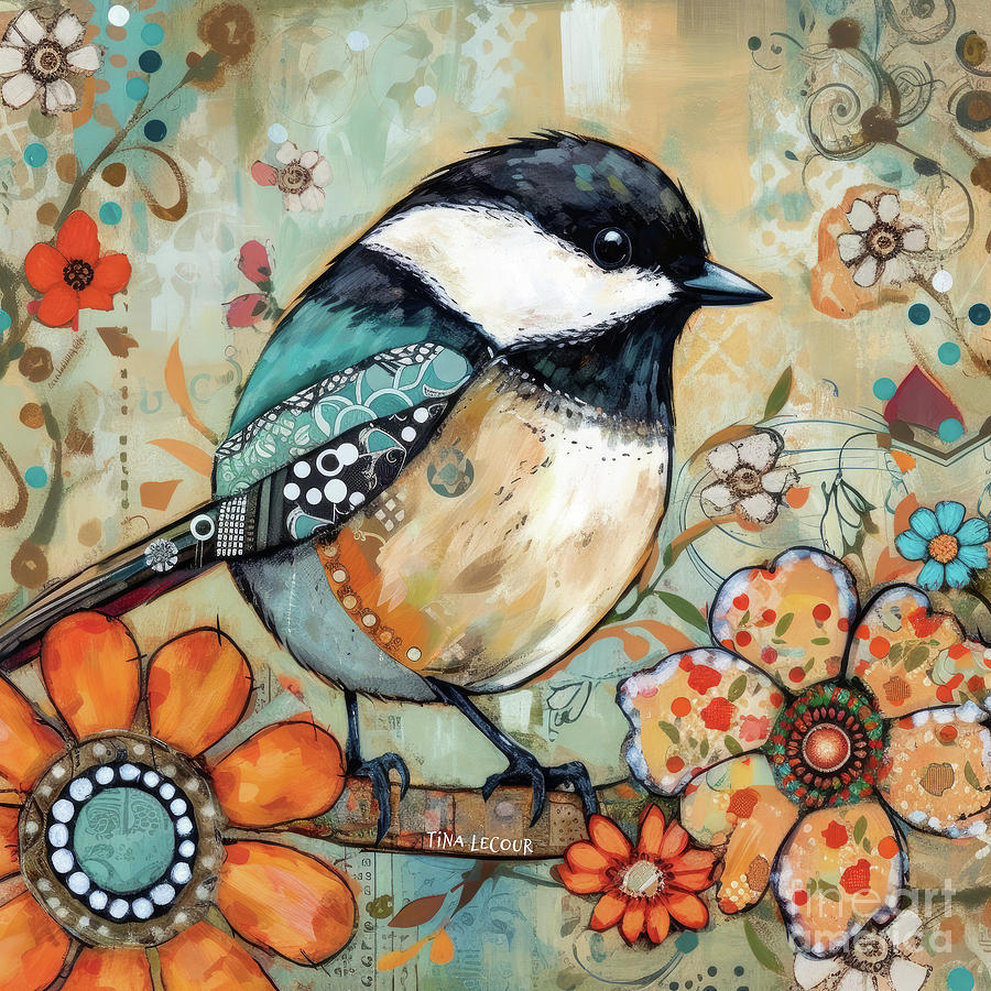 Spring Painting - Whimsical Black Capped Chickadee by Tina LeCour