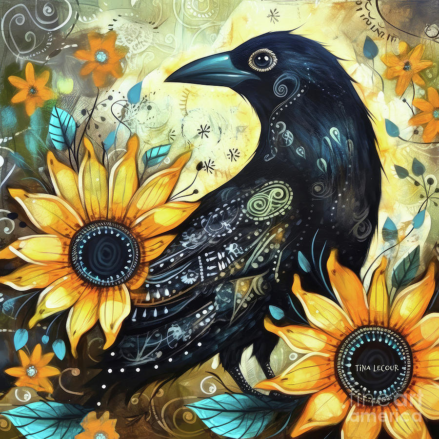 Whimsical Black Crow Painting by Tina LeCour
