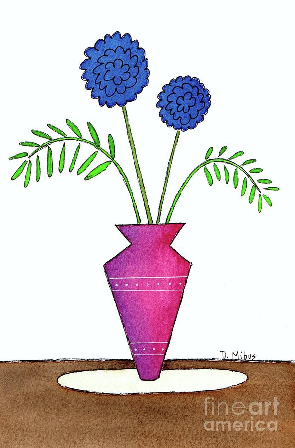 Whimsical Blue Flowers in Pinkish Purple Vase Painting by Donna Mibus
