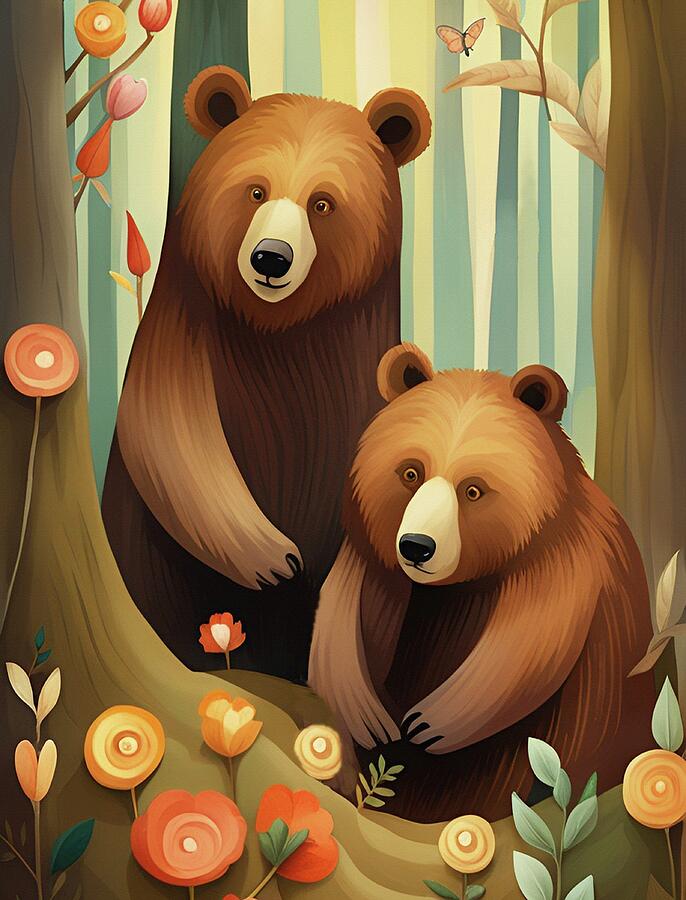 Bear Digital Art - Whimsical Brown Bears In The Forest by Movie Poster Prints