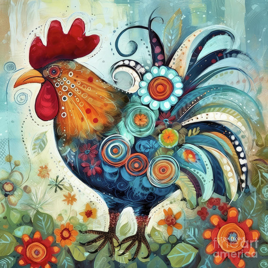 Whimsical Country Rooster Mixed Media by Tina LeCour