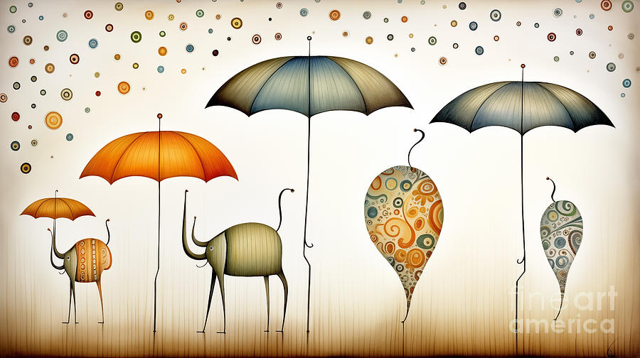 Whimsical digital artwork featuring stylized elephants holding colorful umbrellas Digital Art by Odon Czintos