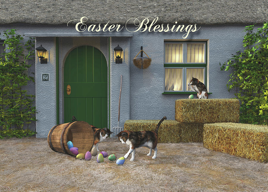 Whimsical Fantasy Cats Stealing Easter Eggs Digital Art by Jan Keteleer