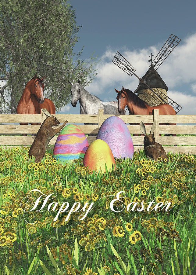 Whimsical Fantasy Easter bunnies eggs and horses Digital Art by Jan Keteleer
