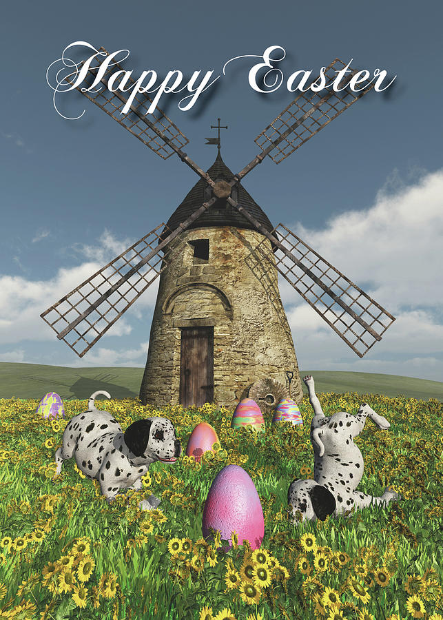 Whimsical Fantasy Easter Puppies and windmill Digital Art by Jan Keteleer