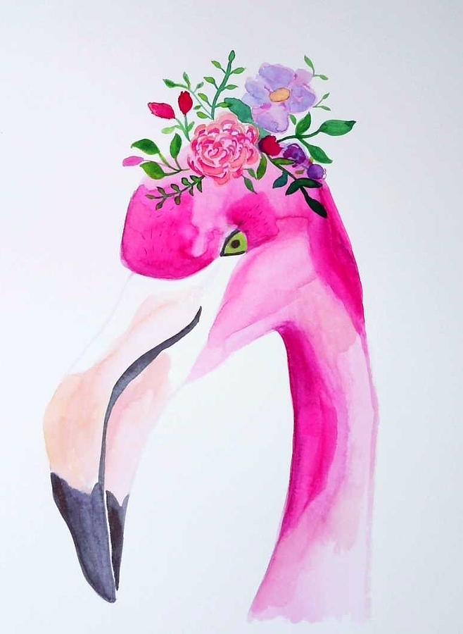 Whimsical Flamingo with Flower Crown Painting by Niki McNeil - Fine Art ...