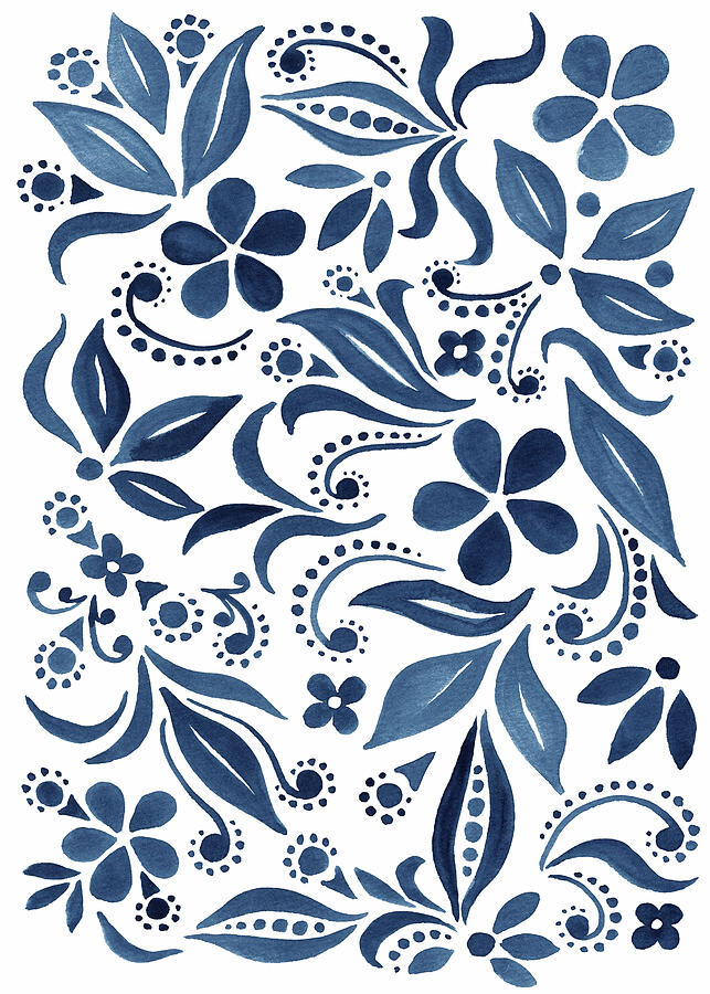 Whimsical Floral Pattern With Flowers And Leaves Deep Blue Watercolor Painting