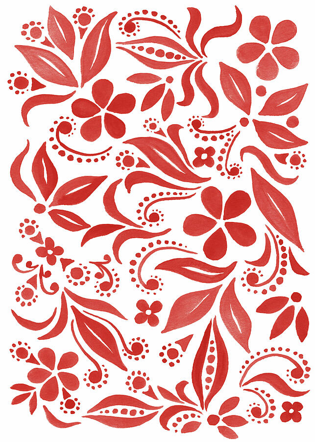 Whimsical Floral Pattern With Flowers And Leaves Red Watercolor Painting
