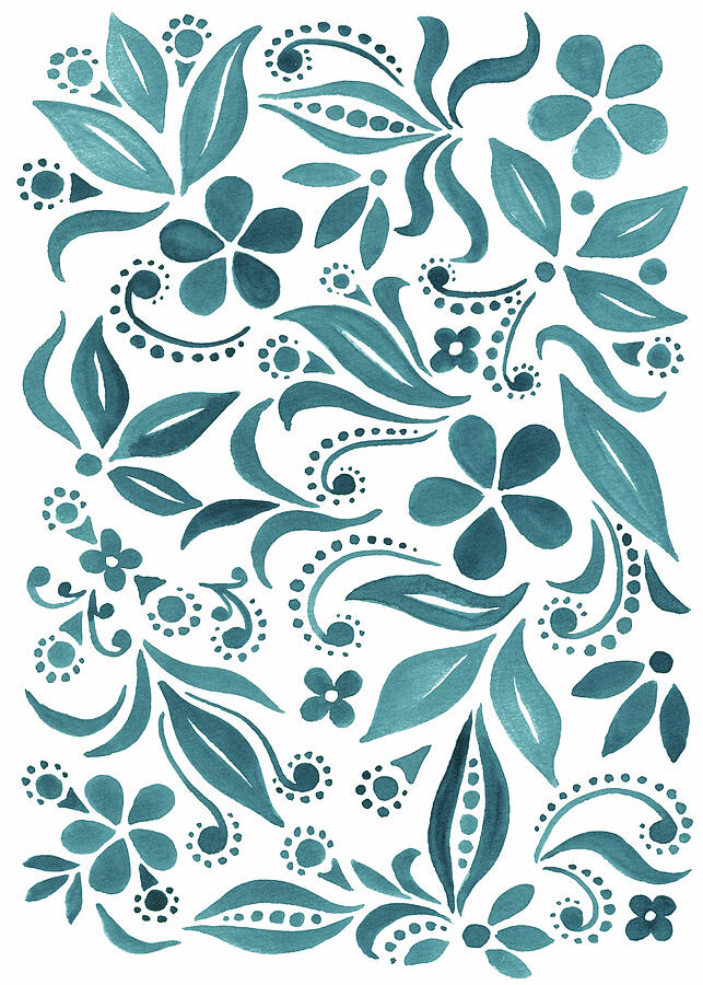 Whimsical Floral Pattern With Flowers And Leaves Teal Blue Watercolor Painting