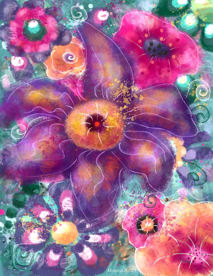 Whimsical Floral Poppies Lily Teal Pink Purple Orange Painting by Monica Resinger