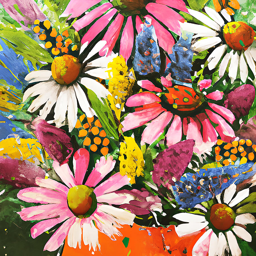 Whimsical Flower Bouquet Graphic Daisies Echinacea and Cone Flowers Digital Art by Amalia Suruceanu