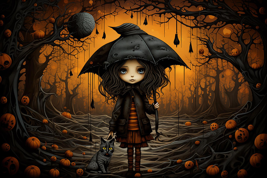 Whimsical Halloween - Little Girl and Cat with Black Umbrella Mixed ...