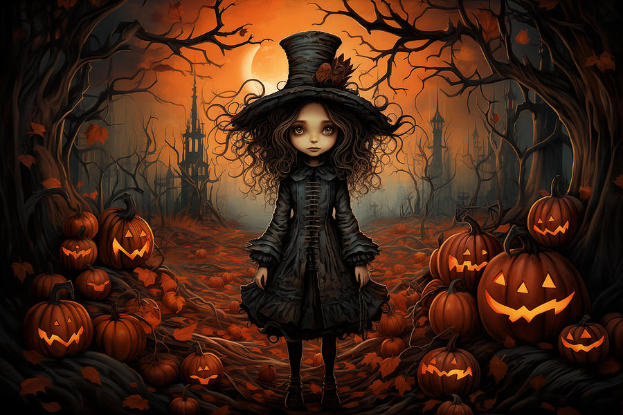 Whimsical Halloween - Little Witch In Black Mixed Media