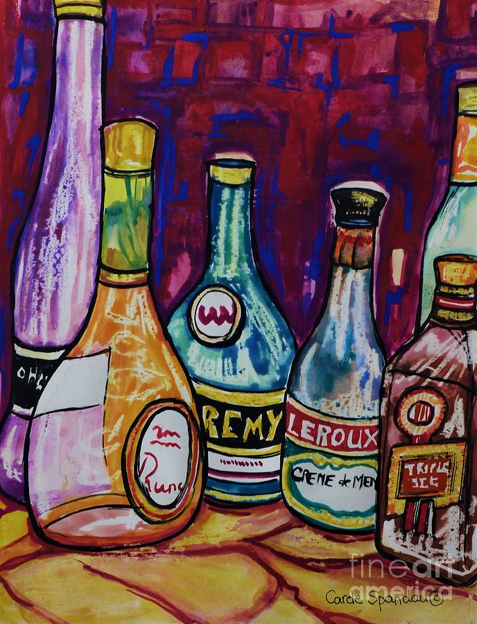 Whimsical Whiskey Bottles Liqueurs Brandy Wine Scotch Sweet Mixers For Cocktail Drinks C Spandau Art Painting by Carole Spandau