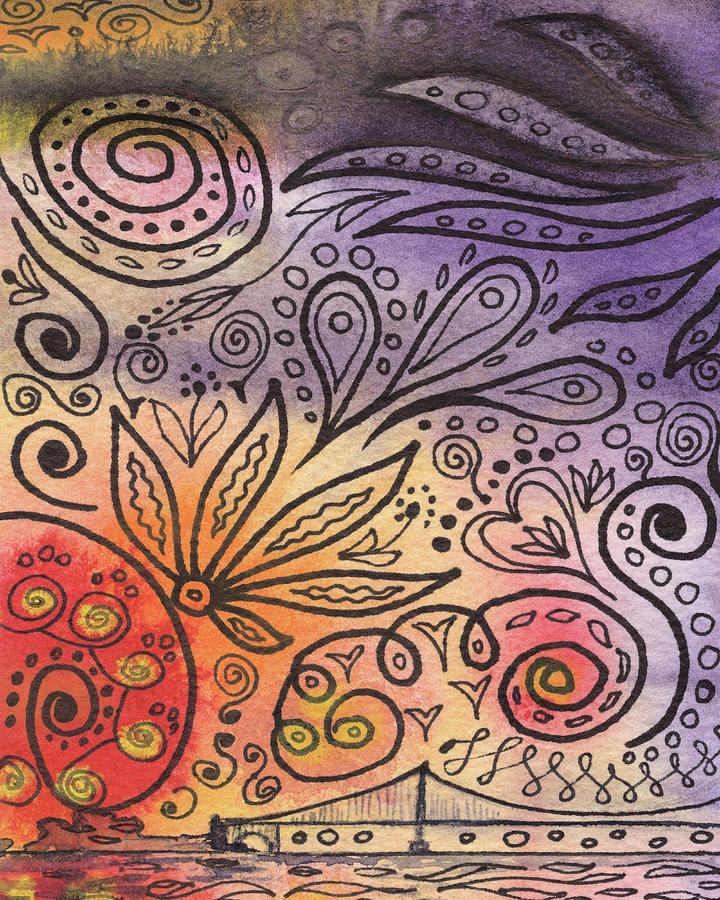 Whimsical Organic Floral Lines Leaves Curves Watercolor Pattern II Painting by Irina Sztukowski