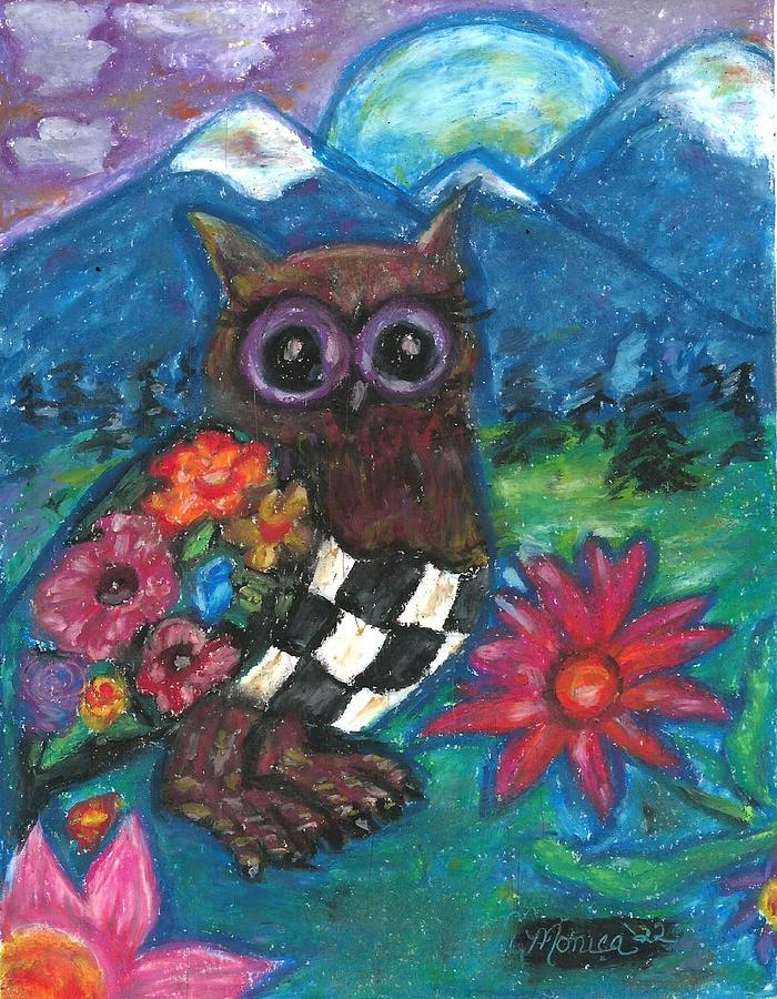 Whimsical Owl in Mountain Landscape Painting by Monica Resinger