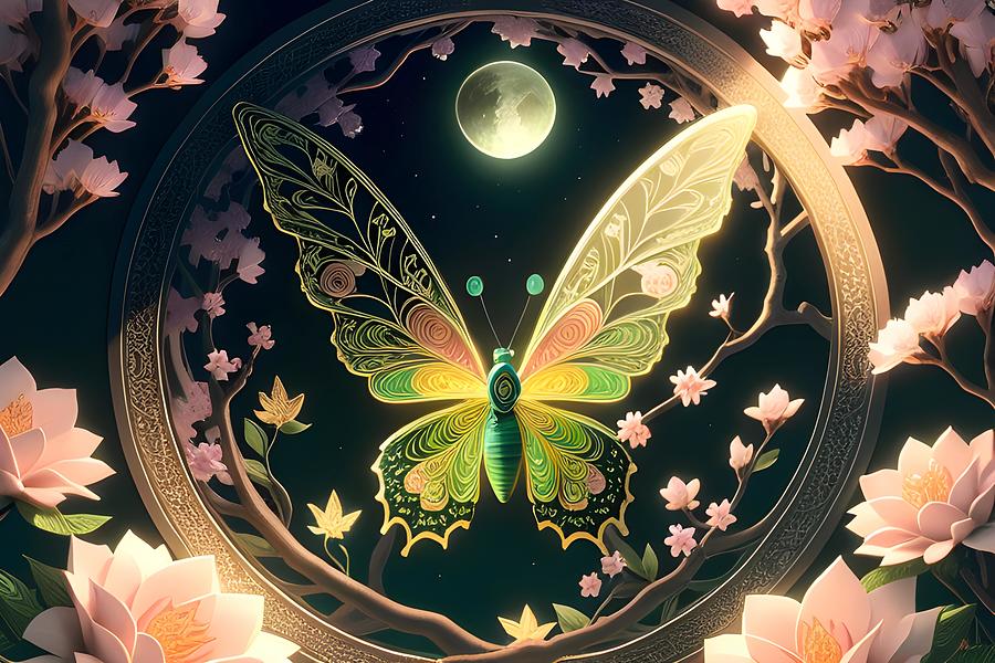 Whimsical Paper Art -  Intricate Quilled Fantasy with Sakura, Butterfly, and Moon Digital Art by Artvizual Premium