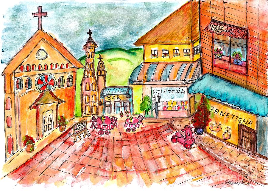Whimsical Piazza in Tuscany Italy  Painting by Ramona Matei