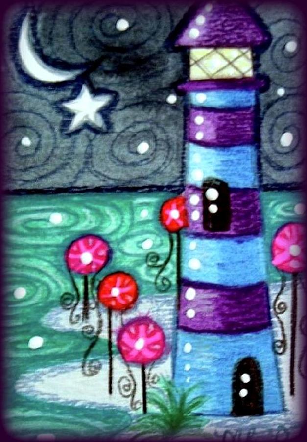 Whimsical Purple Blue Lighthouse Painting by Monica Resinger