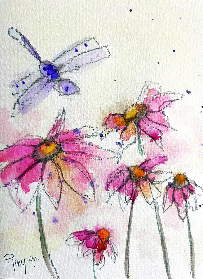 Whimsical Purple Dragonfly Painting by Roxy Rich