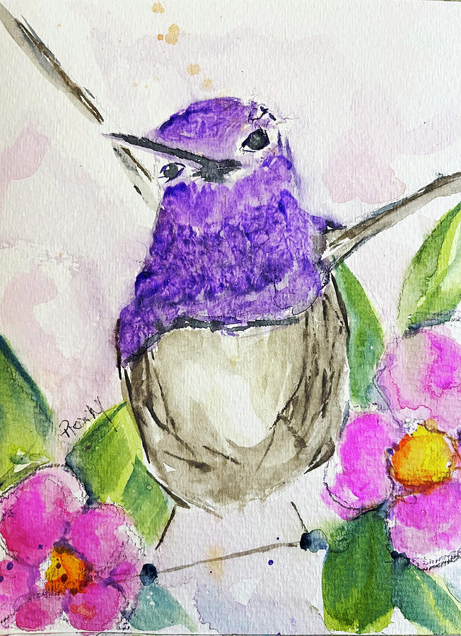 Whimsical Purple Hummingbird Painting by Roxy Rich